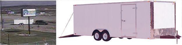 Trailer Thieves. Photo by At far left, a surveillance camera photograph of the utility trailer being stolen. On the right, a stock photograph of the stolen 2006 Cargomate utility trailer. Photo courtesy Sweetwater County Sheriff’s Office.