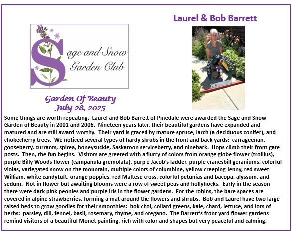 July 28, 2025  Laurel & Bob Barrett. Photo by Sage & Snow Garden Club.